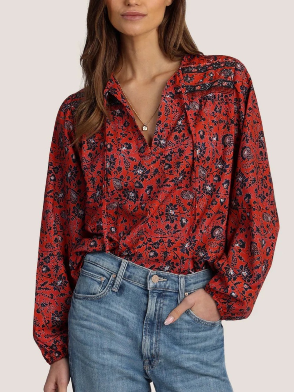 Dylan Olivia Red Floral V-Neck Boho Blouse